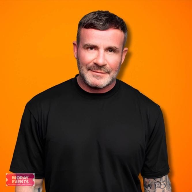 Moray Events promotional image featuring a male host against an orange background, highlighting professional event entertainment services in Moray.